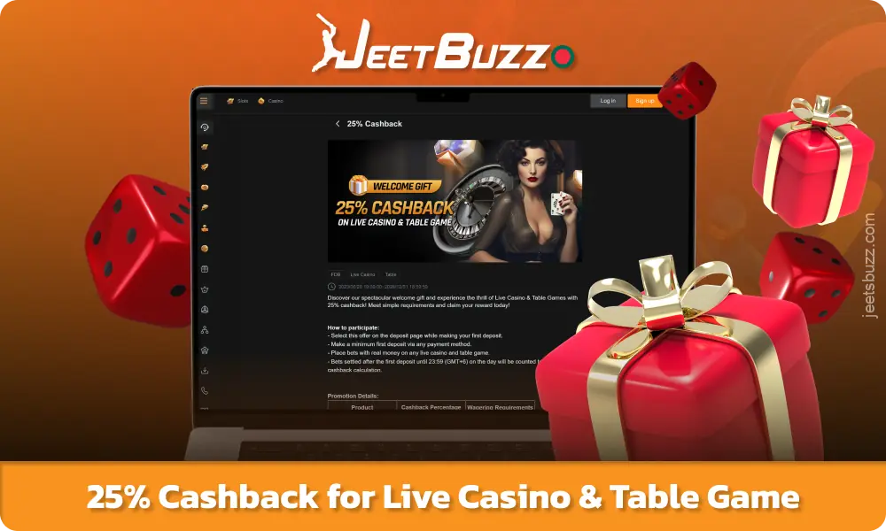 Jeetbuzz বাংলাদেশ সকল ব্যবহারকারীর জন্য লাইভ ক্যাসিনো এবং টেবিল গেমে নেট ক্ষতির উপর 25% ক্যাশব্যাক ফিরিয়ে দিচ্ছে