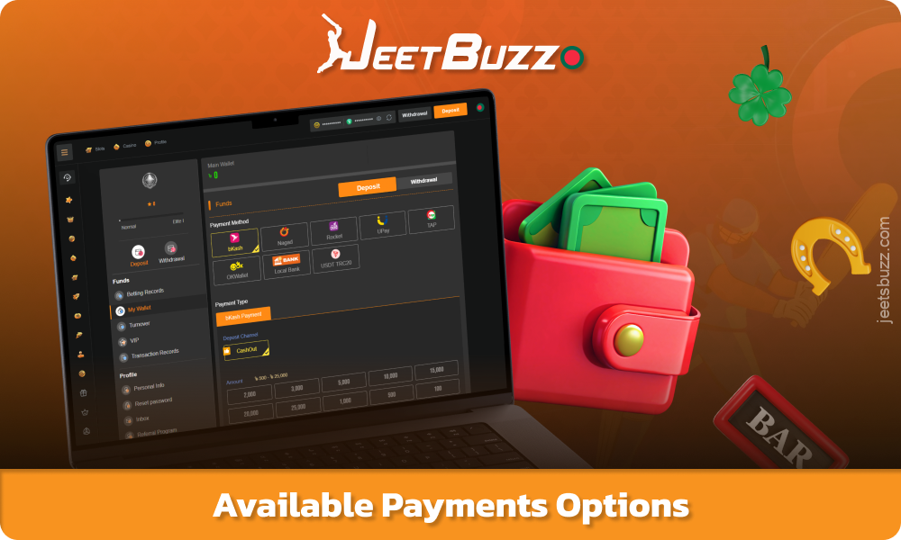 Jeetbuzz offers commission-free fiat and cryptocurrency payment methods for depositing and withdrawing funds in BDT