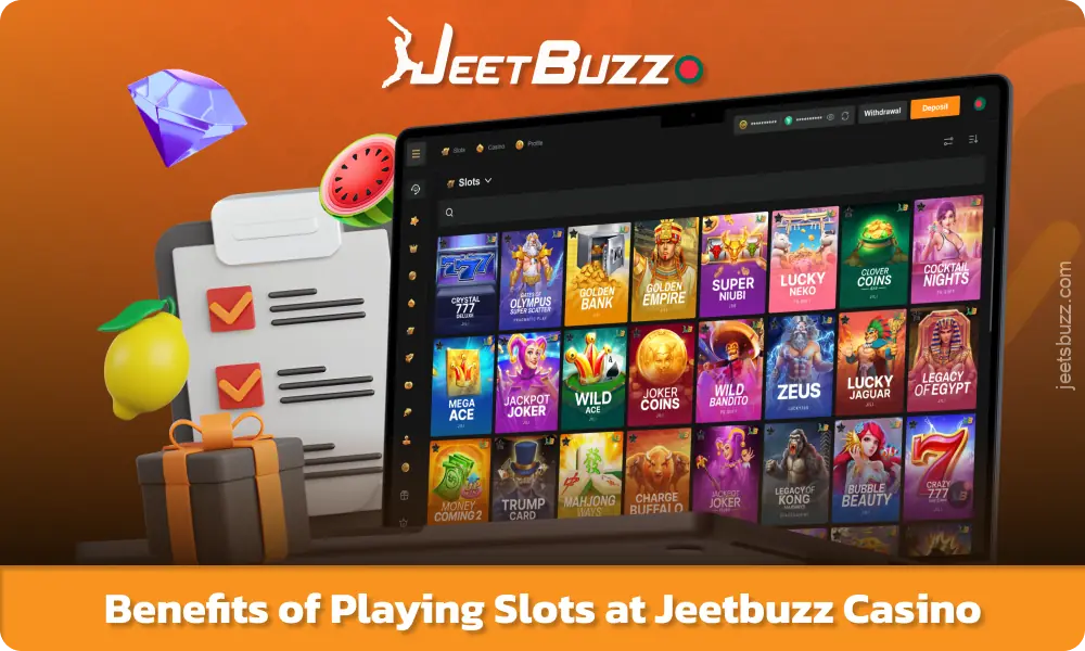 Jeetbuzz স্লটগুলি পিসি এবং মোবাইল ডিভাইসে অপ্টিমাইজ করা গেমপ্লে, হাজার হাজার লাইসেন্সকৃত গেম, বোনাস এবং সুবিধাজনক অনুসন্ধান অফার করে