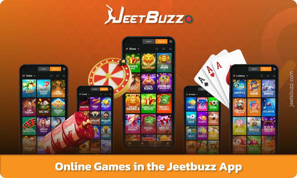 Jeetbuzz অ্যাপটি সুপরিচিত প্রদানকারীদের থেকে স্লট, লাইভ গেম, আর্কেড, লটারি, ক্র্যাশ গেম এবং টেবিল গেম অফার করে