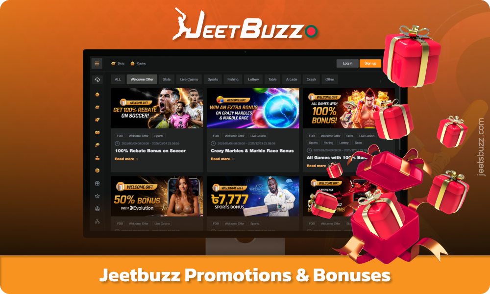 Jeetbuzz offers players from Bangladesh a variety of lucrative bonuses, such as cashback and Lucky Spins, including a welcome bonus of up to 7,777 BDT