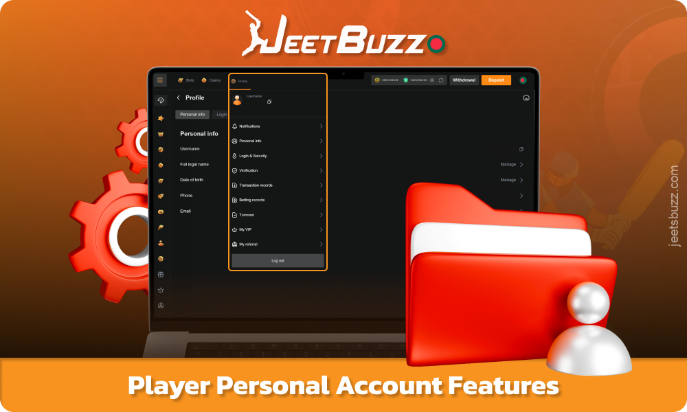 The Jeetbuzz personal account allows you to manage your balance, bonuses, transactions, VIP level, messages, and referrals