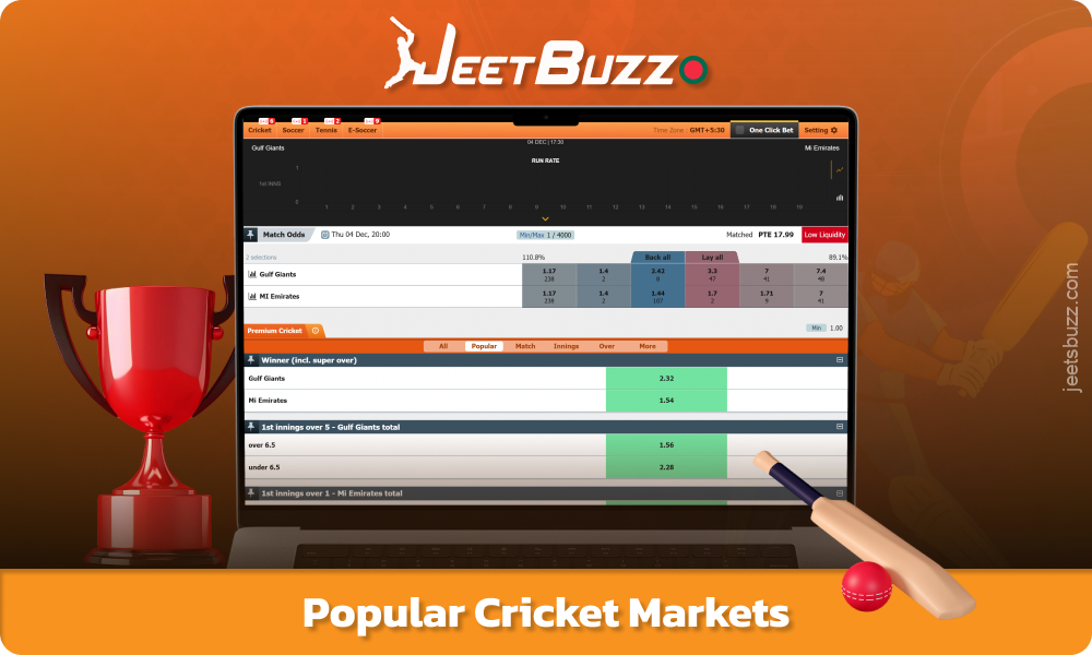 Jeetbuzz offers popular cricket markets, including match outcome betting, rankings, top players, series and tournament winners, as well as player exclusion options