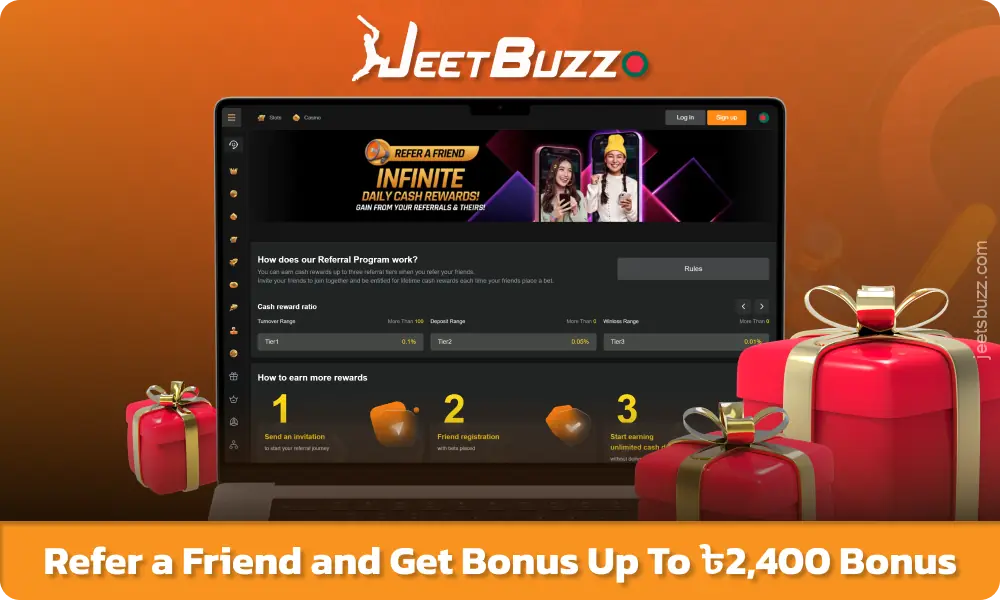 বাংলাদেশের খেলোয়াড়রা তাদের বন্ধুকে Jeetbuzz-এ আমন্ত্রণ জানাতে পারেন এবং তাদের বন্ধু তাদের প্রথম আমানত জমা করার পরে বোনাস পেতে পারেন।