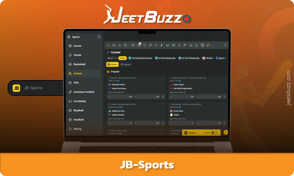 JB-Sports is a bookmaker offering more than 20 sports and e-sports disciplines, line and live betting, as well as live broadcasts